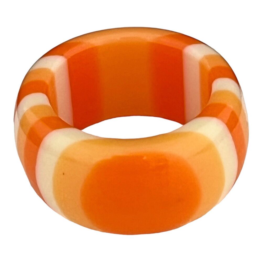 Vintage 1970s Lucite Ring Orange Cream Striped Band Chunky Mod Statement - 13S